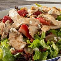 Strawberry Balsamic Chicken Salad · Grilled chicken, mixed greens, strawberries, grapes, candied pecans, gorgonzola, balsamic vi...
