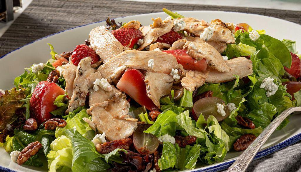Strawberry Balsamic Chicken Salad · Grilled chicken, mixed greens, strawberries, grapes, candied pecans, gorgonzola, balsamic vinaigrette