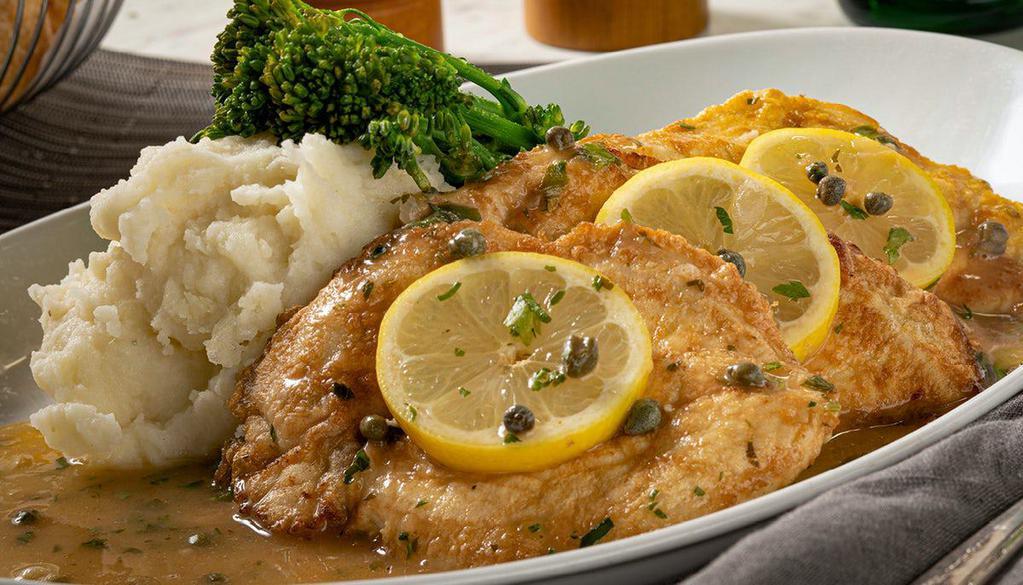 Chicken Limone · Pan-seared chicken in a traditional picatta-style sauce with white wine, lemon & capers, served with broccolini® & mashed potatoes
