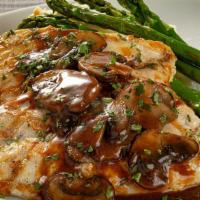 Mezza Grilled Chicken Marsala  · Grilled chicken, marsala sauce, mushrooms, grilled asparagus, mashed potatoes
