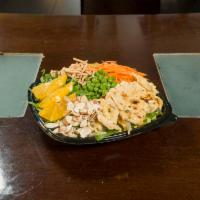Grilled Asian Chicken Salad · Romaine lettuce, spinach, carrot, sliced almond orange, green pea, crispy Chinese noodle, gr...