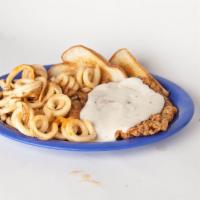 Country Fried Chicken · Fresh hand-breaded chicken breast served with a dinner salad, curly fries, cream gravy, and ...