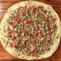 Chicken and Tomato Pizza · Chicken cutlet, tomato, scallions, onions, mozzarella and house dressing.

Served as is, no ...