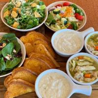 Soup and Salad for 4 · 4 cups of soup and 1 large salad for 4. Choice of Caesar or house salad.