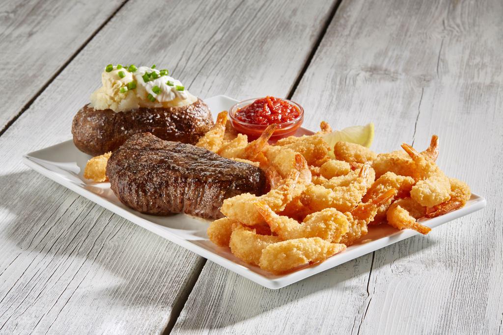 Steak & Crispy Shrimp · 6 oz. Certified Angus Beef Sirloin, Crispy Shrimp and choice of side. Sizzler Favorite.