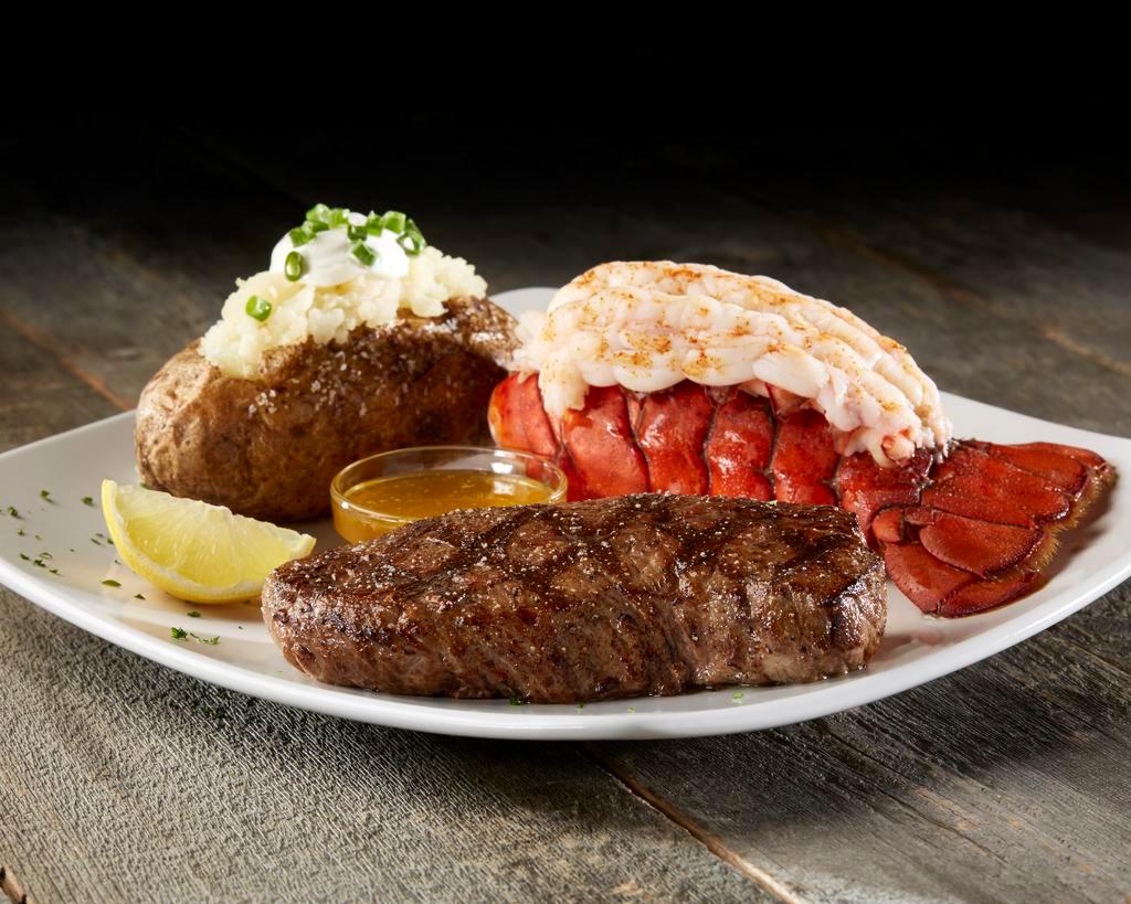 Steak & Lobster · Hand-cut, 6oz. steak paired with a 5-6oz lobster tail served with fresh cut lemon, drawn butter and a choice of your favorite Sizzler side.