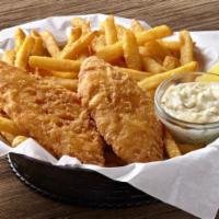 Fish and Chips · (949 cals.) 3 hand battered cod filets. Served with lemon, tartar sauce, and steak fries.