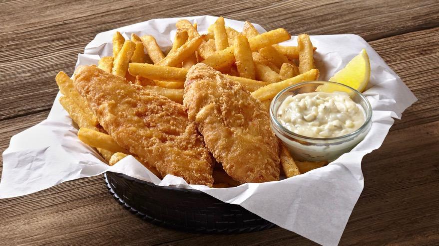 Fish and Chips · (949 cals.) 3 hand battered cod filets. Served with lemon, tartar sauce, and steak fries.