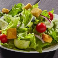 House Side Salad · Romaine/Iceberg Mix, Grape Tomato, Cucumber, Red Onion, Shredded Carrot, Croutons with choic...