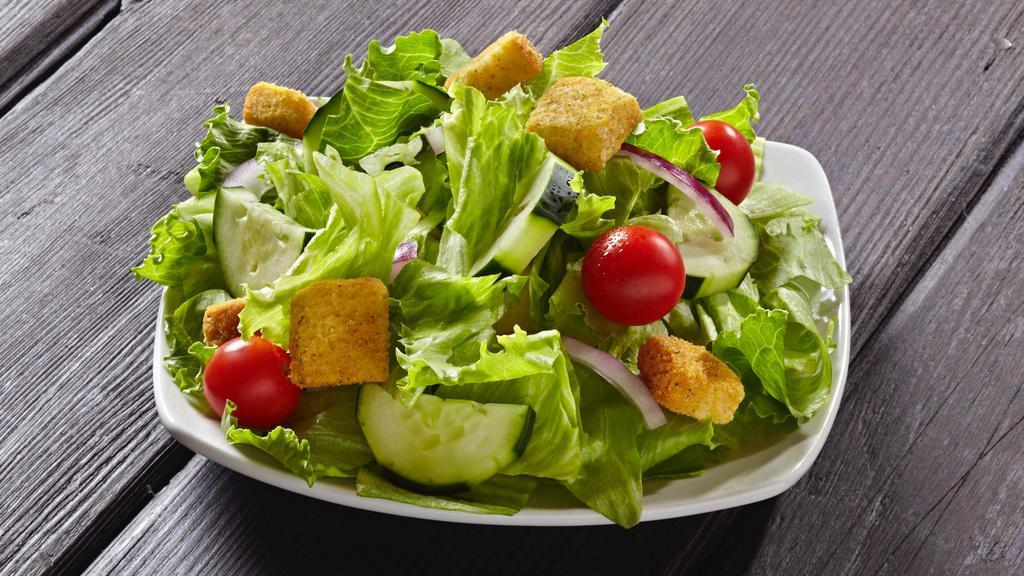 House Side Salad · Romaine and Iceberg mix, Grape Tomato, Cucumber, Red Onion, Shredded Carrot, Croutons with choice of ranch, bleu cheese, Italian or 1000 island dressing.