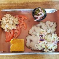 Smoked Cold Plate · Scoop of smoked chicken salad, chilled smoked turkey accompanied with house slaw and sliced ...