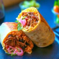 Barbacoa Burrito · Pasilla chili braised beef tenderloin with pico de gallo, black beans, pickled red onion, ja...