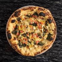Artichoke Pizza · Artichoke, Tomatoes, Spinach, Balsamic, Garlic Cream 