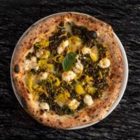 Bianca Pizza · Macadamia ricotta, cashew mozzarella, almond parmesan, rice mozzarella, pepperoncini, rapini...