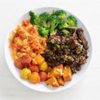 kimchi beef bowl · packed with immunity boosters: kimchi couscous, roasted ginger yams, roasted baby tomatoes, ...