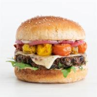 house veggie burger · housemade black bean mushroom burger, pepper jack cheese, arugula, pickled onion, roasted ba...
