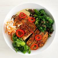 far east bowl · choice of crispy sesame chickin’ or grilled tempeh with wild rice, roasted broccolini, pickl...