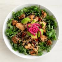 kale + quinoa power salad · organic quinoa and black lentils served on a bed of marinated baby kale with cucumber, shred...