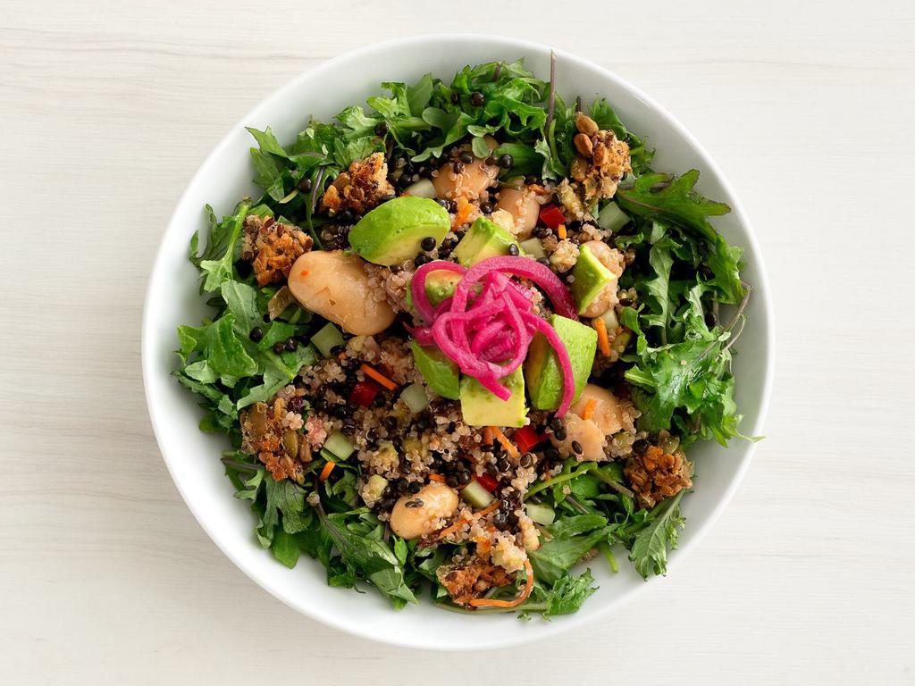 kale + quinoa power salad · organic quinoa and black lentils served on a bed of marinated baby kale with cucumber, shredded carrot, avocado, dried currants, bell peppers, gigande beans, pickled onions and 3-seed crunch  |  served with a mango-lemon vinaigrette. gluten-friendly. 