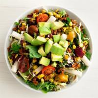 catalina taco salad · tex-mex taco meat, lettuce mix, cabbage, roasted tomato corn salsa, ranchero beans, jicama a...