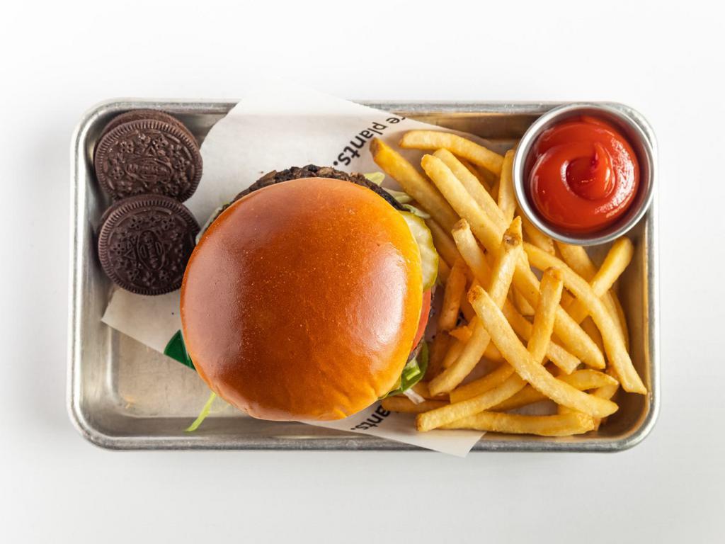 kids' veggie burger · Beyond burger with lettuce, tomato, pickles, and ketchup on a on a brioche bun  | sub black bean mushroom burger 