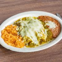 Green Enchiladas · Three chicken or beef enchiladas served with rice, beans and cheese.