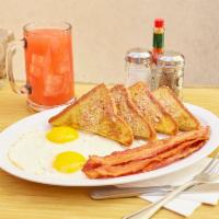 The Rocky · French toast, 2 eggs and your choice of meat (ham, sausage, or bacon).