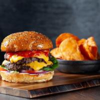 Trax Burger · Brisket and short rib blend double patty, American cheese, little gem lettuce, tomato, red o...