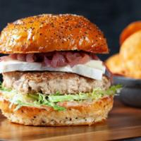 Gobbler Burger · Ground turkey, triple cream brie cheese, bacon jam, bing cherry aioli, apple fennel slow and...