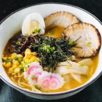 Miso Ramen · Ramen noodle soup served with bamboo shoot, corn, green onion, cooked egg and sweet-roasted ...