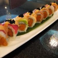 Scorpion Roll · Spicy yuna roll topped with Ahi Tuna, salmon, red snapper, albacore, shrimp, avocado, and bl...
