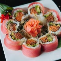 Cherry Blossom Roll · Salmon and avocado inside, wrapped with Ahi Tuna. Served with Japanese mustard sauce.