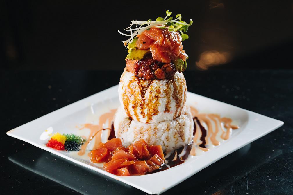 Happy Salmon Tower Roll · Sushi rice, spicy, tuna, avocado, crab meat and Ahi Tuna with 4 different kinds of caviar, plated as tower. Served with house special sauce. Spicy.