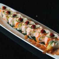 Shiawase Roll · Shrimp tempura, avocado and crab meat topped with salmon, crab stick, thinly sliced cucumber...