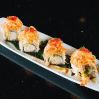 Red Dragon Roll · Shrimp tempura, crab meat and avocado inside topped with shredded crab stick mixed with spic...