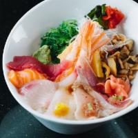 Chirashi · Ahi Tuna, salmon, yellowtail, Japanese snapper, albacore, shrimp, Japanese sweet egg, crab s...