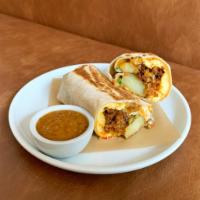 Breakfast Burrito · House breakfast burrito stuffed with chorizo OR mushrooms, scrambled eggs, cheddar cheese, c...