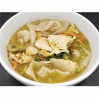 Wor Wonton Soup Bowl · Chicken wontons in broth with wok-seared chicken breast, scallions, carrots, and spinach.

