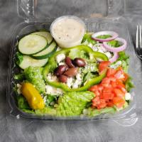 Greek Salad · Romaine lettuce, tomatoes, cucumbers, red onions, green peppers, Kalamata olives, pepperonci...