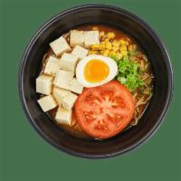 Vegetarian Tomato Ramen Noodle Soup · Vegetarian friendly broth, Come with kale, broccoli, green onion, egg and grill tomato. 