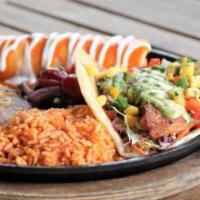 Seafood Combo · Lobster and crab enchilada and signature fish taco.  Served with Mexican rice and refried be...