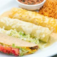 Tex-Mex Combination Dinner · Beef enchilada with agave queso sauce,
chicken enchilada with creamy hatch chile
sauce and...