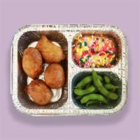 Kids' TV Dinner Corn Dogs · corn batter-dipped, served with steamed edamame and a rainbow confetti cake dessert