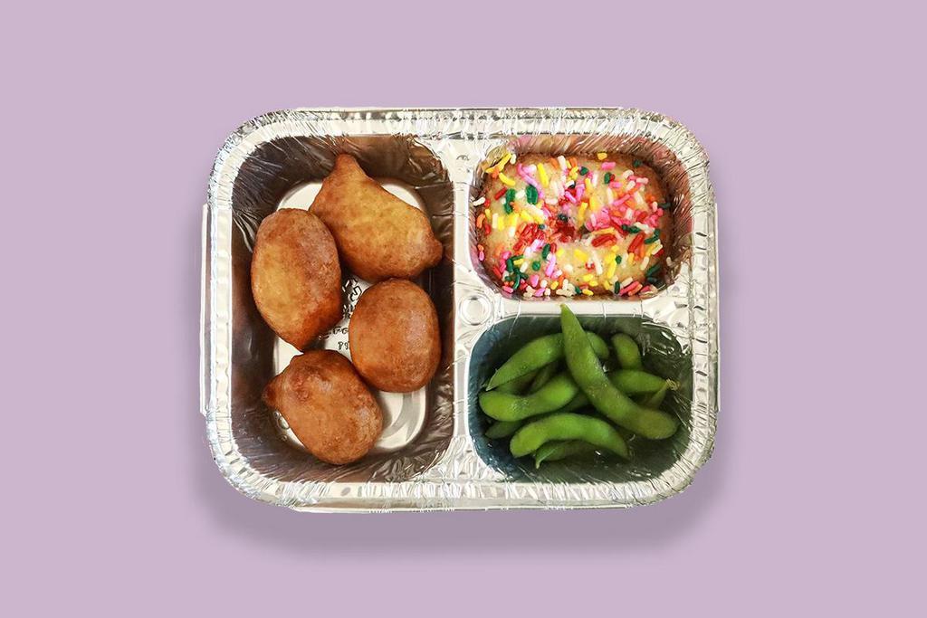 Kids' TV Dinner Corn Dogs · corn batter-dipped, served with steamed edamame and a rainbow confetti cake dessert