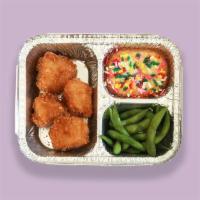 Kids' TV Dinner Chicken Nuggets · hand-breaded, served with steamed edamame and a rainbow confetti cake dessert