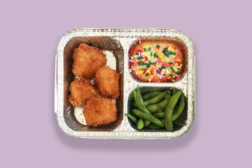 Kids' TV Dinner Chicken Nuggets · hand-breaded, served with steamed edamame and a rainbow confetti cake dessert