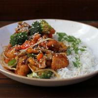 Teriyaki Chicken Bowl · Chicken breast, mushrooms, bean sprouts, bell peppers, broccoli, onions, sesame seeds – serv...