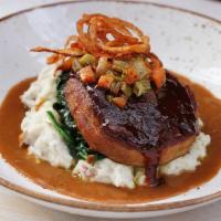 BBQ Bison Meatloaf · All-natural Durham Ranch grass-raised bison, smoked bacon, red skin potato mash, sauteed spi...