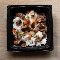 Beef Dog Bowl · Grilled hamburger patty, brown rice and veggies.