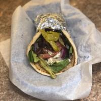 Salata Wrap - no fries · No meat. Greek salad wrap lettuce, tomatoes, onions, olives, feta, peppers and vinaigrette d...